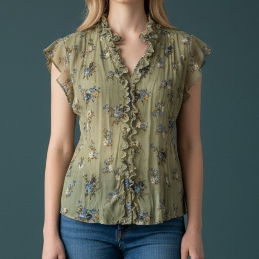 ALLISON TAYLOR Sage Green Floral Crepe Chiffon Ruffle Castlecore Blouse